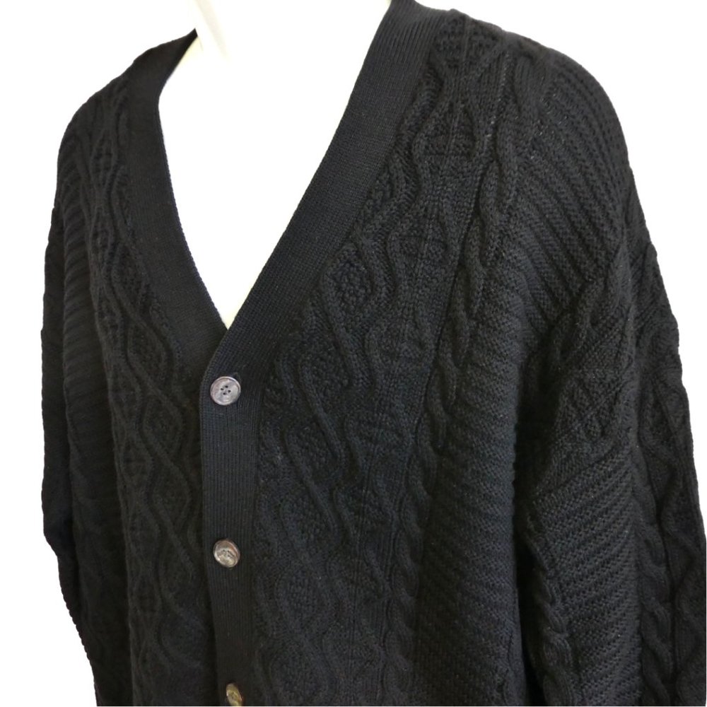 Vintage Black Merino Wool 3D Cable Knit Cardigan Barry Bricken Grandpa XL
